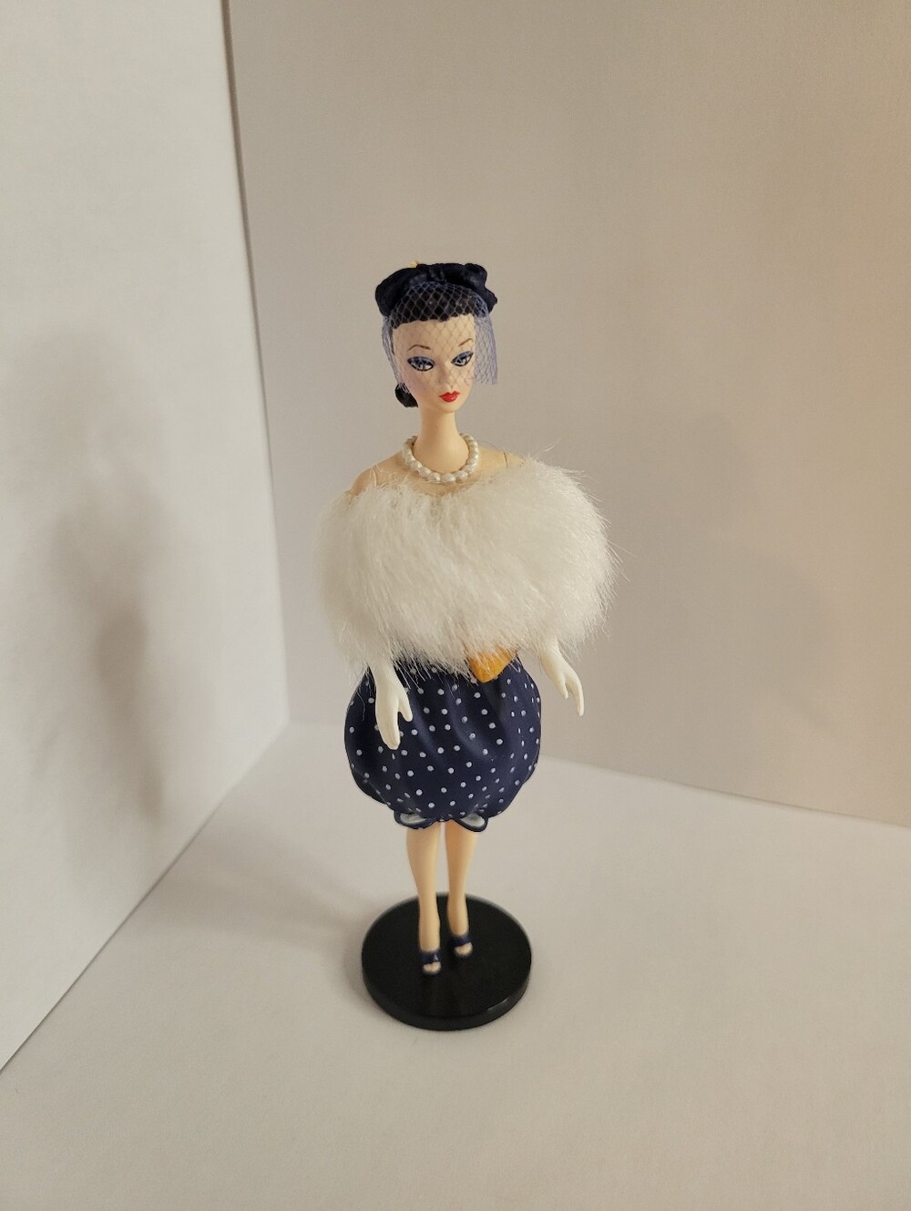 Barbie Navy Blue Polka Dot Dress "Gay Parisienne" with White Fur Stole